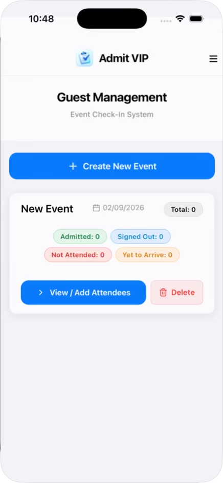 Admit VIP Guest Management screen showing an event with Admitted, Signed Out, Not Attended and Yet to Arrive counts