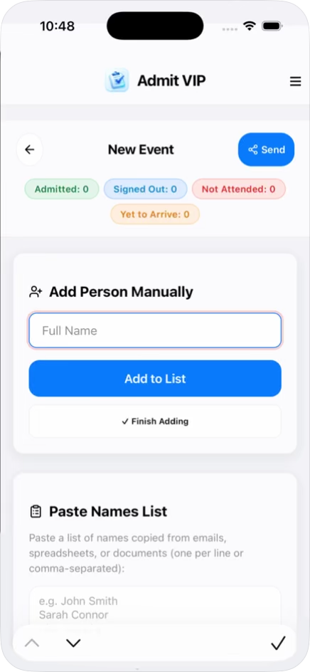 Admit VIP new event screen: live status counts, add a person manually, or paste a names list